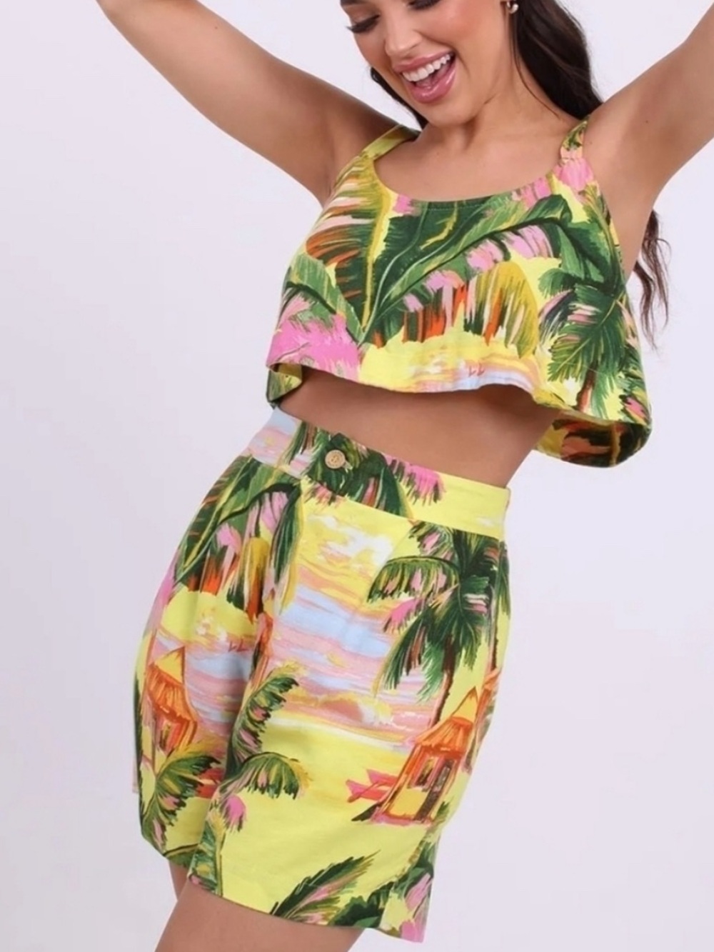 FARM Rio Yellow Tropical-Print Mini Shorts with Green and Pink Accents